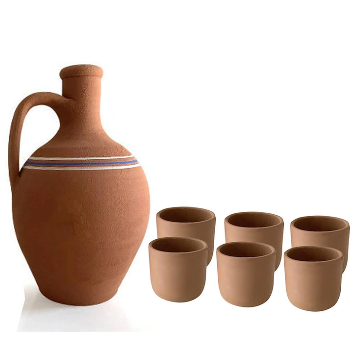 Handmade Clay Water Pitcher with 6 Clay Cups, Water Carafe