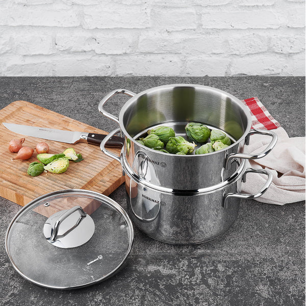 Korkmaz Perla Stainless Steel Steamer Cooking Pot, Glass Lid