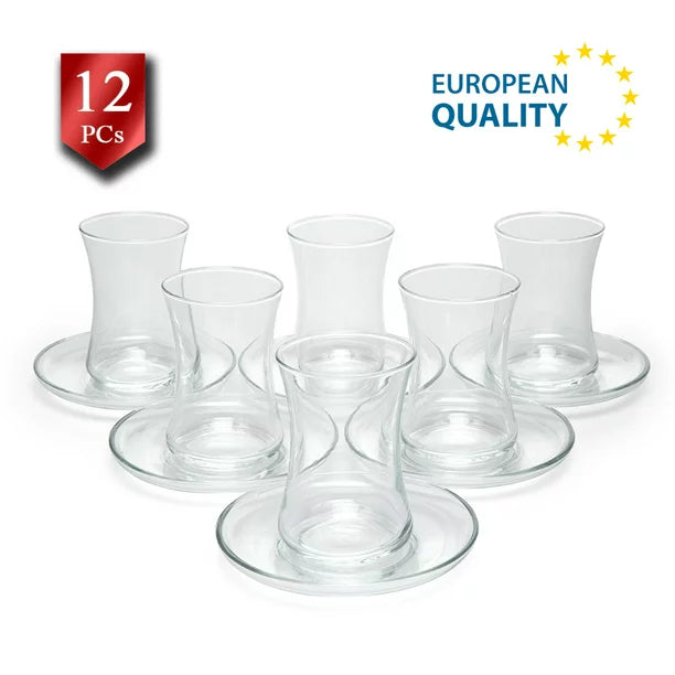 Lav Turkish Tea Glasses and Saucers Set, 12 Pcs, 5.2 oz