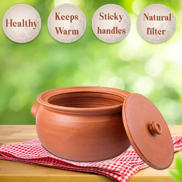 Handmade Clay Low Pot for Cooking with Lid, Clay Yogurt Pots