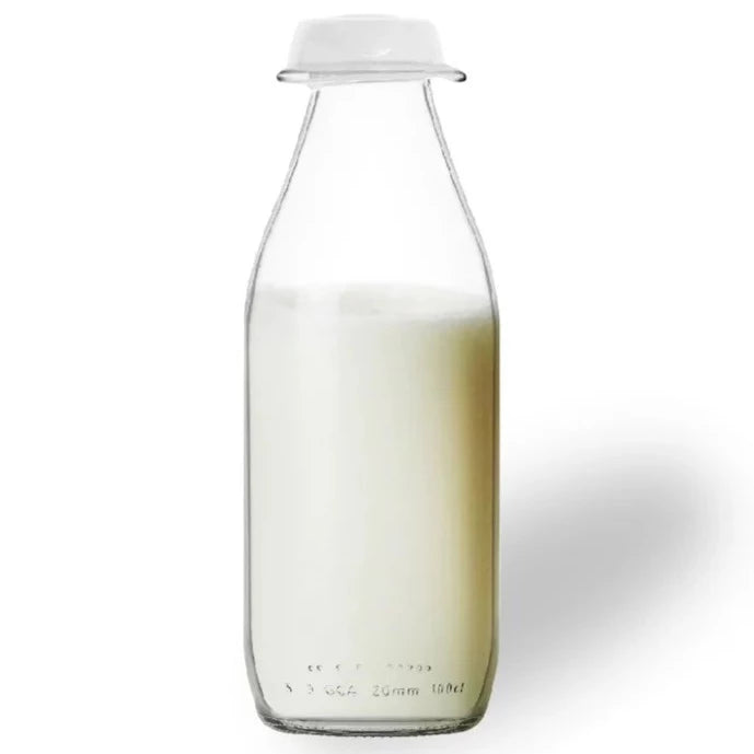 Lav Glass Milk Bottle with Lid, Clear Water Pitcher, 34.5 oz