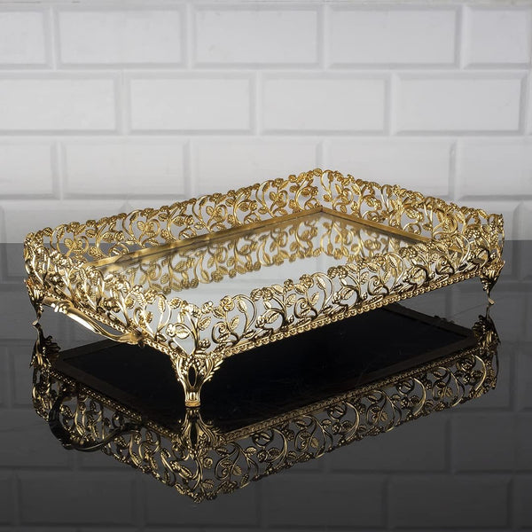 Handmade Jewelry Tray Mirror, Rectangle Filigree Mirrored Tray for Gift