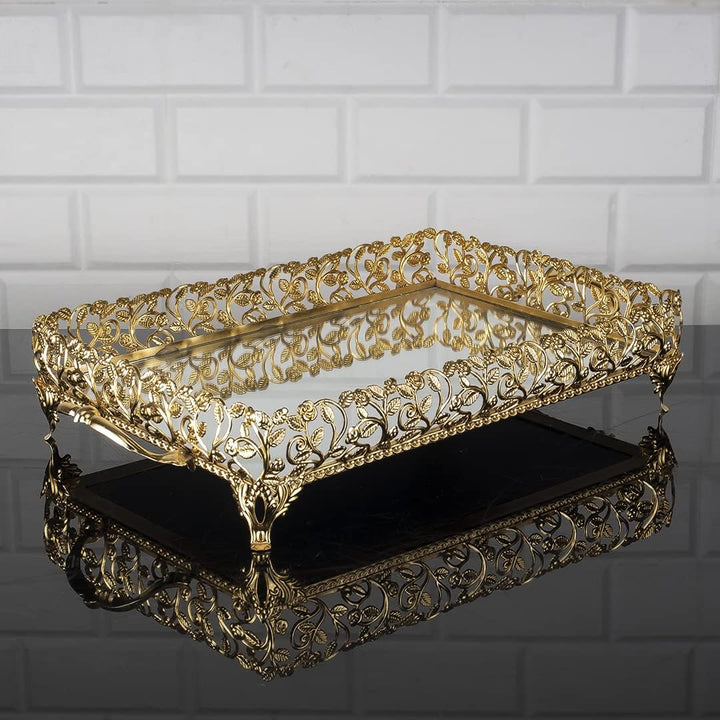 Handmade Jewelry Tray Mirror, Rectangle Filigree Mirrored Tray for Gift