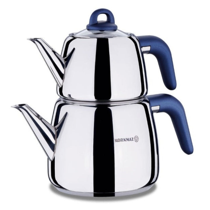 Korkmaz Bella Nora Turkish Teapot Set for Stovetop, Stainless Steel Double Tea Maker