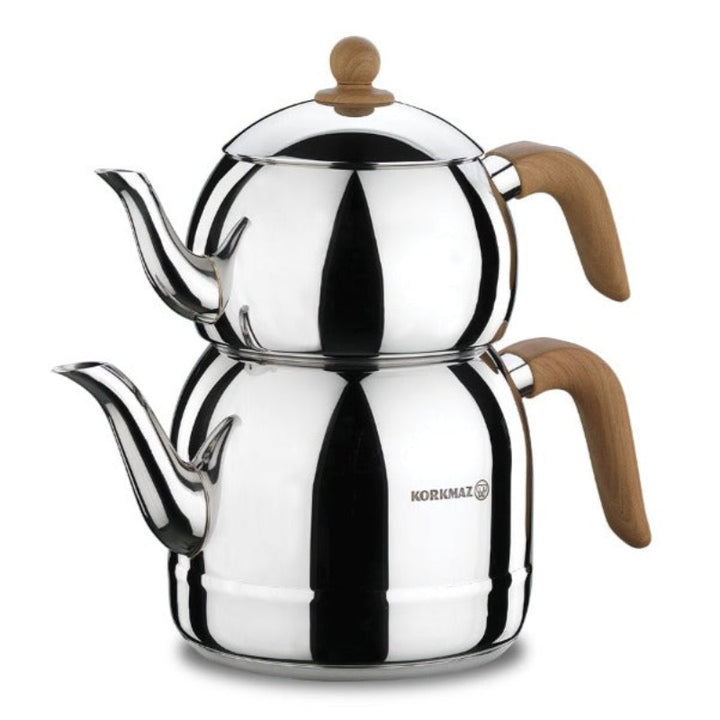 Korkmaz Retro Turkish Teapot Set, Stainless Steel Tea Maker