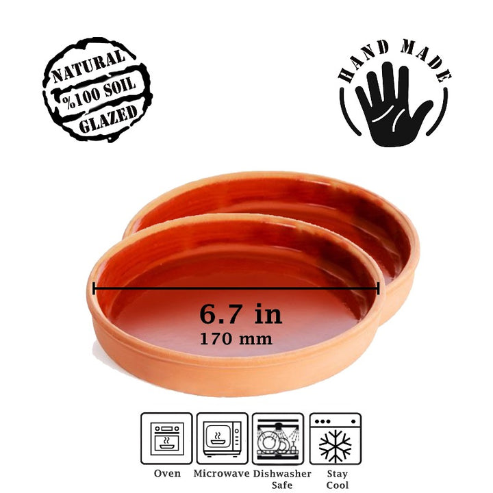 Round Glazed Terracotta Clay Tray Pan for Oven 2 PCs, 6.7 in