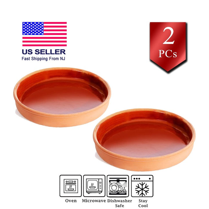 Round Glazed Terracotta Clay Tray Pan for Oven 2 PCs, 6.7 in