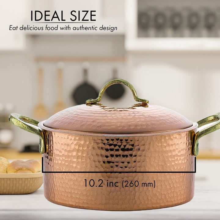 Handmade Pure Copper Casserole Pot with Lid, 10.2 in