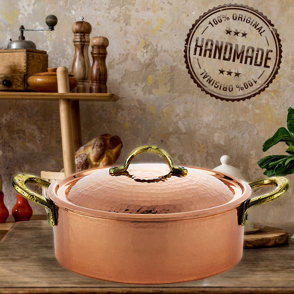 Handmade Pure Copper Casserole Pot with Lid, 9.5 in