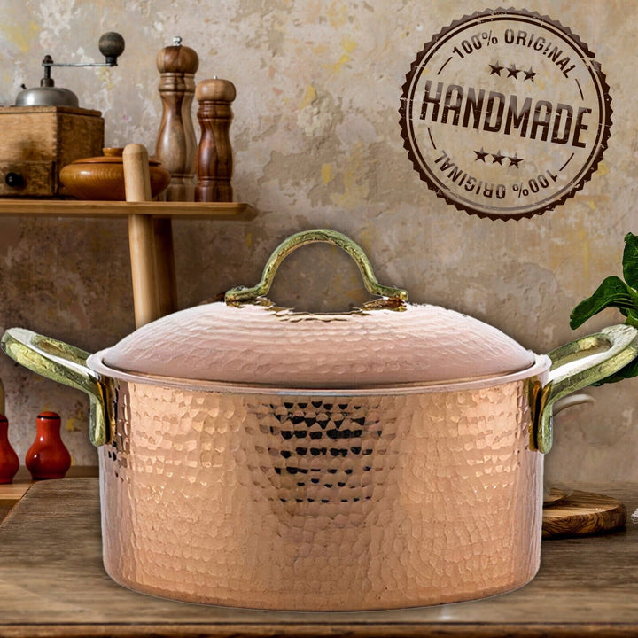 Handmade Pure Copper Casserole Pot with Lid, 10.2 in