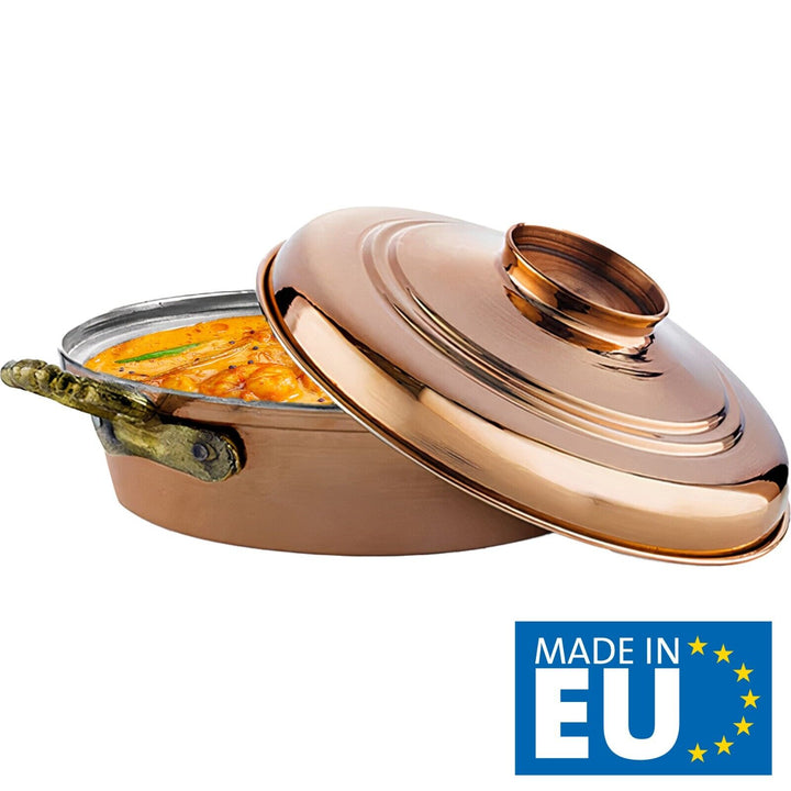 Handmade Copper Low Casserole Pot with Lid, 9.5 in