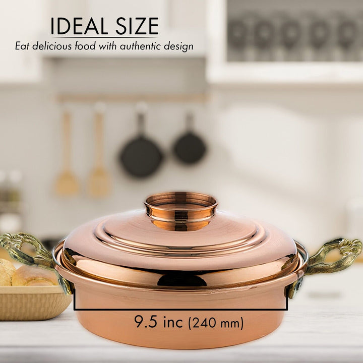 Handmade Copper Low Casserole Pot with Lid, 9.5 in