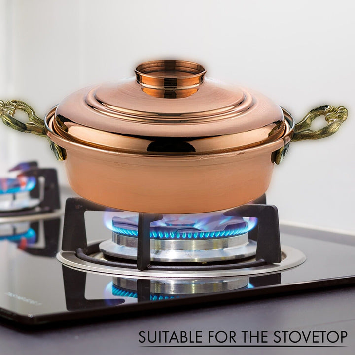 Handmade Copper Low Casserole Pot with Lid, 9.5 in