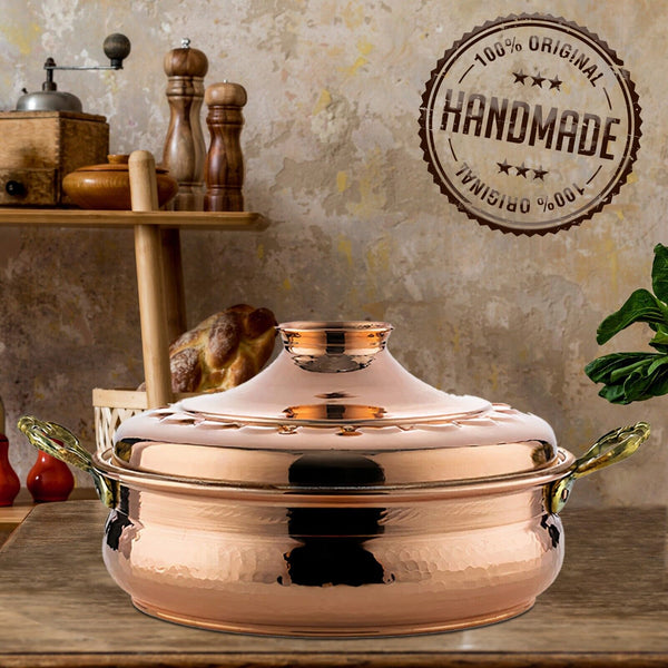 Handmade Copper Low Casserole Pot with Lid and Handles