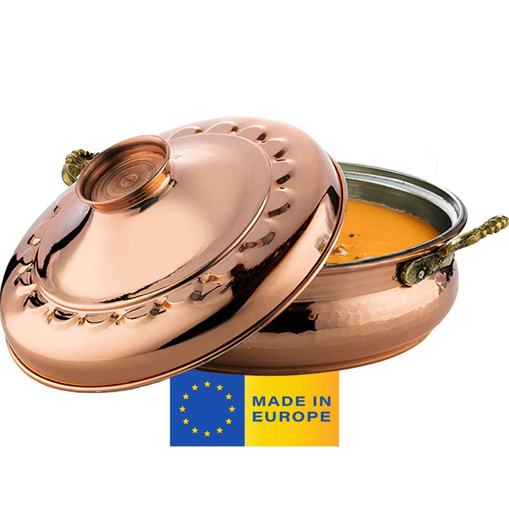 Handmade Copper Low Casserole Pot with Lid and Handles