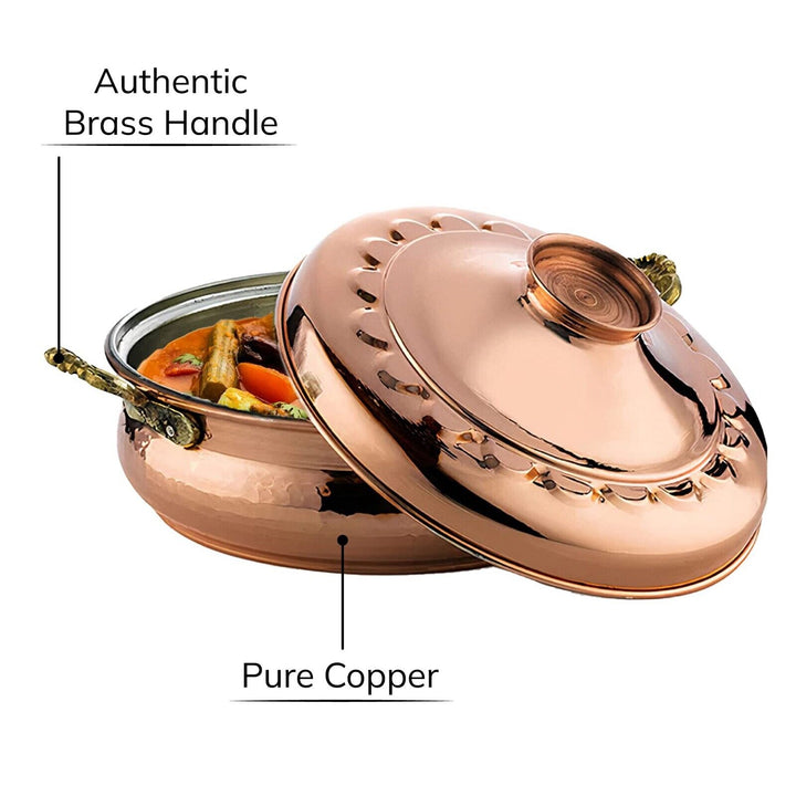 Handmade Copper Low Casserole Pot with Lid and Handles