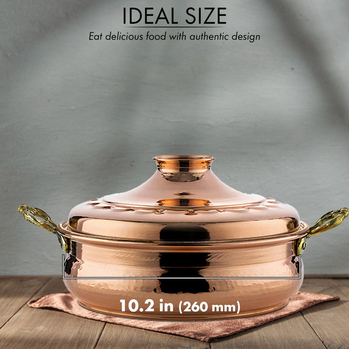 Handmade Copper Low Casserole Pot with Lid and Handles