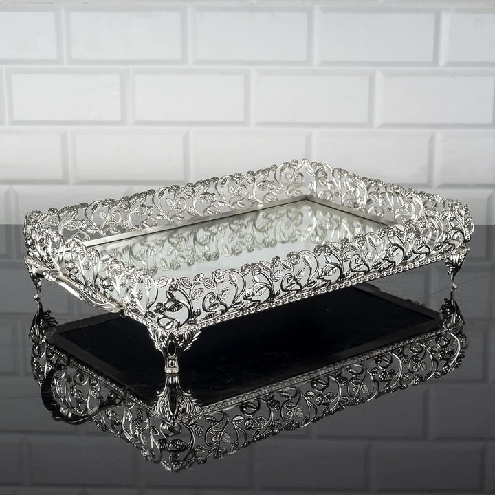 Handmade Jewelry Tray Mirror, Rectangle Filigree Mirrored Tray for Gift