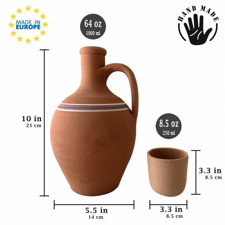 Handmade Clay Water Pitcher with 6 Clay Cups, Water Carafe