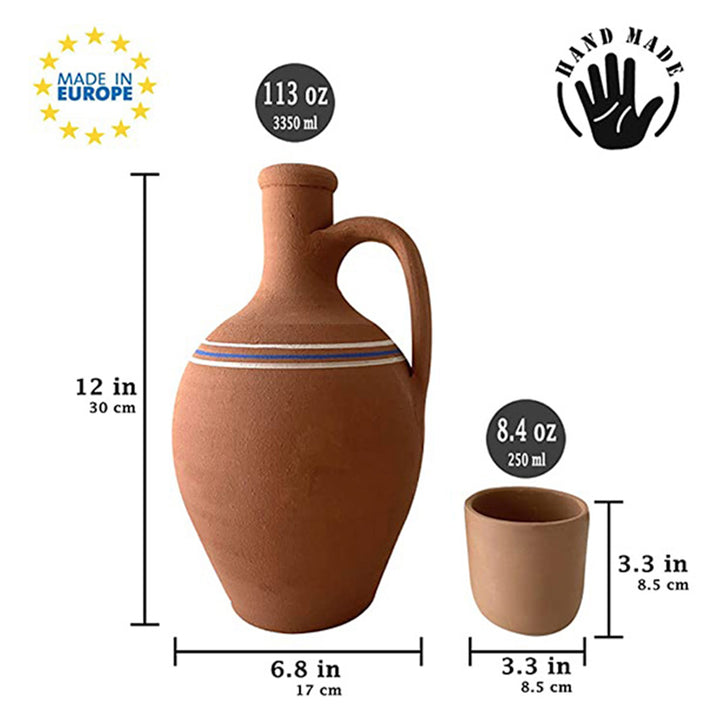 Handmade Clay Water Pitcher with 6 Clay Cups, Water Carafe